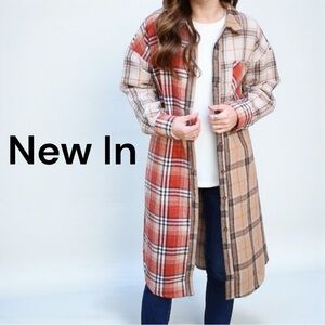 New In Flannel Rust Mix Plaid Patchwork Longline Shacket Button Down Shirt Dress